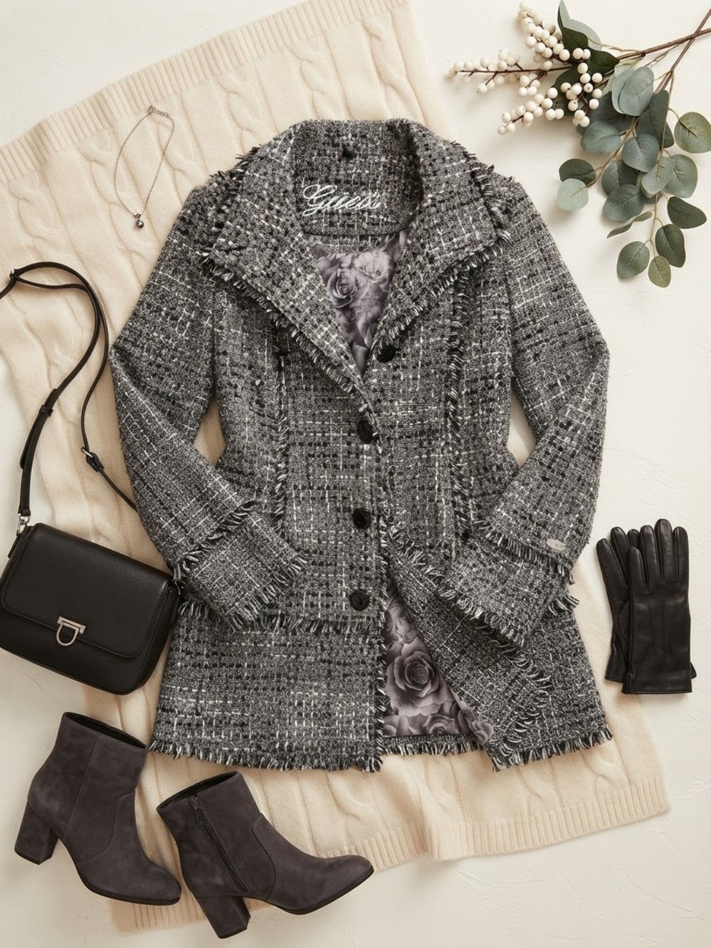 Guess Gray Tweed Fringe-Trim Pea Coat